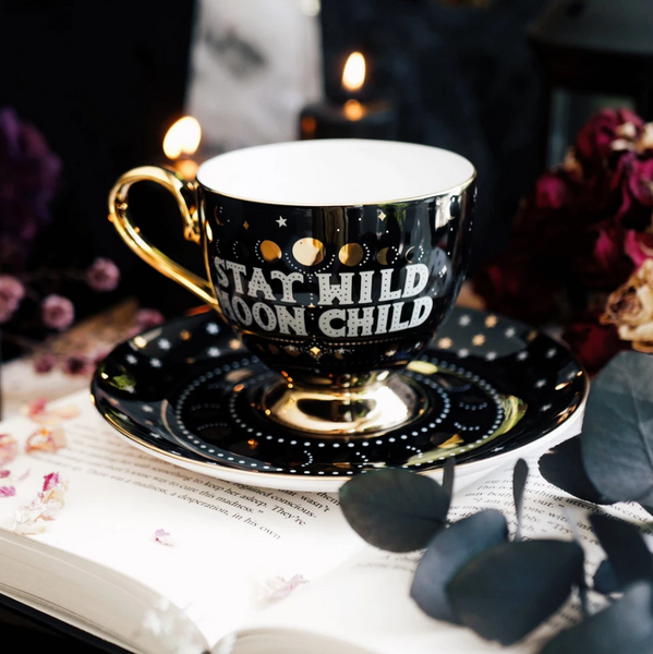 (SECONDS SALE) Stay Wild Moon Child Teacup & Saucer (Black)